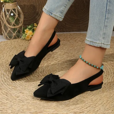 Women Suede Pointed Toe Slingback Flat Sandals Elegant Bow Knot Shallow Mouth Summer Outdoor Beach Dress Shoes For Daily Party