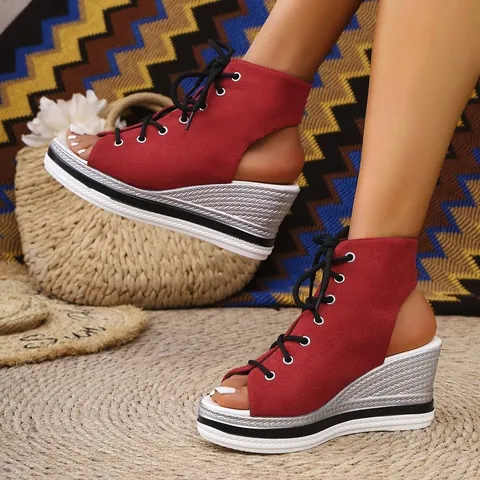 Sandali con Zeppa da Donna Peep Toe Allacciati Platform Tacchi Alti Scarpe Moda Denim Stampa Leopardata Sandali Estivi Casual