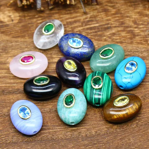 Natural Stone Inlaid Zirconia Oval Barrel Beads Amazonite Lapis Lazuli Amethyst Pendants For Jewelry Making DIY Accessories