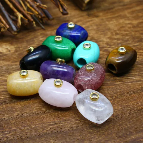 Natural Stone Barrel Pendant Rhinestone Inlaid DIY Jewelry Making Accessories Lapis Lazuli Amethyst Strawberry Quartz Pendants