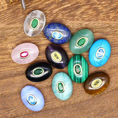 Natural Stone Inlaid Zirconia Oval Barrel Beads Amazonite Lapis Lazuli Amethyst Pendants For Jewelry Making DIY Accessories
