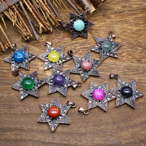 Vintage Hexagram Star of David Natural Stone Pendant Necklace Distressed Alloy Religious Jewelry For Men Women
