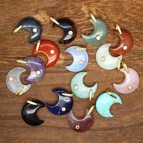 Natural Stone Zirconia Moon Pendant Necklace Gold Plated Crescent Amethyst Rose Quartz Lapis Lazuli Jewelry For Women Gift