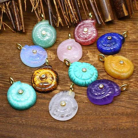 Ocean Style Carved Natural Stone Conch Shell Pendant Zirconia Inlaid DIY Jewelry Making Necklace Accessories For Women