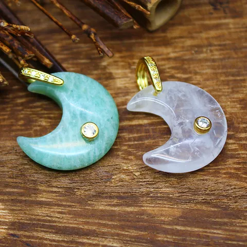 Natural Stone Zirconia Moon Pendant Necklace Gold Plated Crescent Amethyst Rose Quartz Lapis Lazuli Jewelry For Women Gift