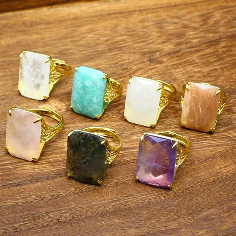Vintage Luxury Natural Stone Rectangle Faceted Adjustable Open Ring For Women Men Gold Plated Amethyst Labradorite Statement Ring