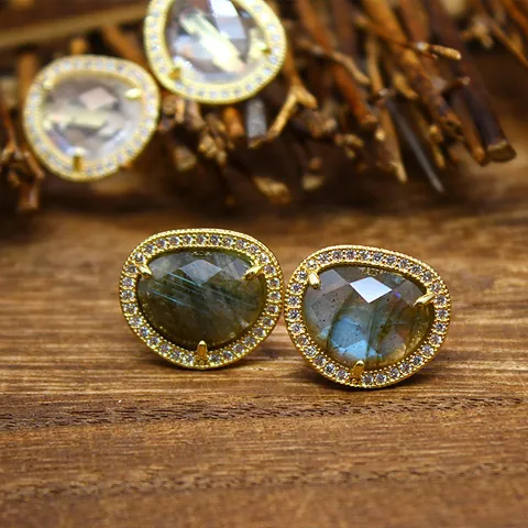 Orecchini a Bottone in Pietra Naturale Irregolare Stile Barocco Placcato Oro 24K Gioielli Sfaccettati in Strass per Donna