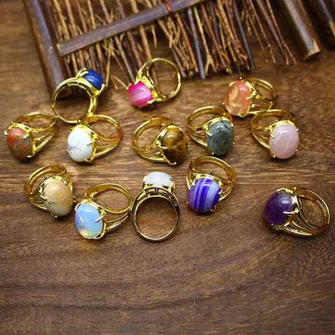 Anello Aperto in Pietra Naturale Placcato Oro 24K Lusso Regolabile Agata Ametista Ovale Gemma Moda Retro Gioielli per Donna