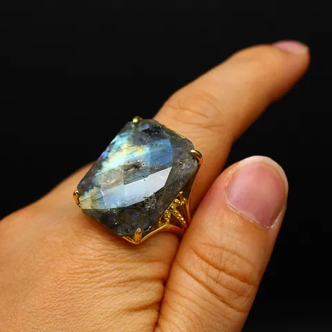 Vintage Luxury Natural Stone Rectangle Faceted Adjustable Open Ring For Women Men Gold Plated Amethyst Labradorite Statement Ring
