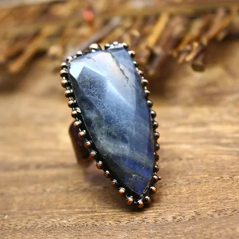 Vintage Shield Shaped Natural Stone Ring Adjustable Labradorite Amethyst Rose Quartz Faceted Crystal Bohemian Statement Jewelry