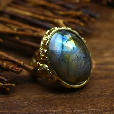 Vintage Brass Gold Plated Adjustable Ring With Oval Faceted Natural Stone Labradorite Amethyst Amazonite Lapis Lazuli Rhinestone Statement Jewelry