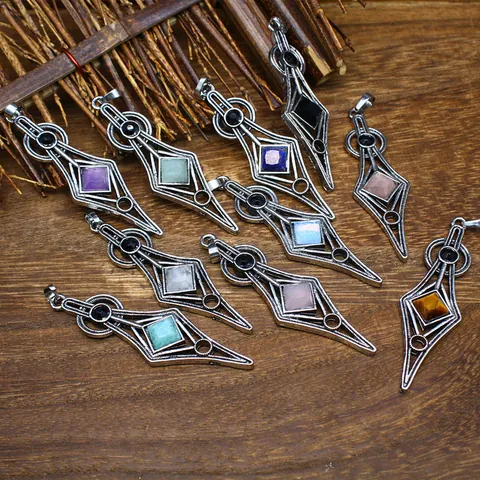 Vintage Geometrische Ruit Natuursteen Hanger Halsketting Retro Legering Verzilverd Kristal Kwarts Boho Sieraden Voor Vrouwen