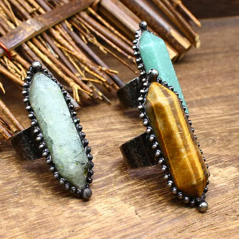 Vintage Hexagonal Column Natural Stone Open Ring For Women Bohemian Distressed Brass Gold Plated Tiger Eye Prehnite Ring Jewelry