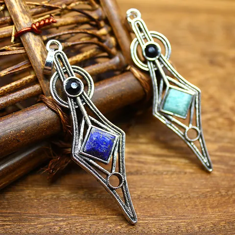 Vintage Geometrische Ruit Natuursteen Hanger Halsketting Retro Legering Verzilverd Kristal Kwarts Boho Sieraden Voor Vrouwen