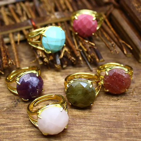 Natural Crystal Faceted Adjustable Open Ring For Women Men Gold Plated Alloy Geometric Strawberry Quartz Amethyst Finger Ring Jewelry