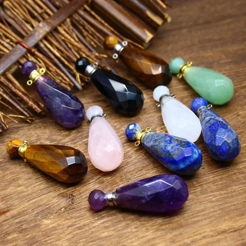 Natural Stone Essential Oil Diffuser Water Drop Faceted Perfume Bottle Necklace Amethyst Rose Quartz Women Jewelry Gift