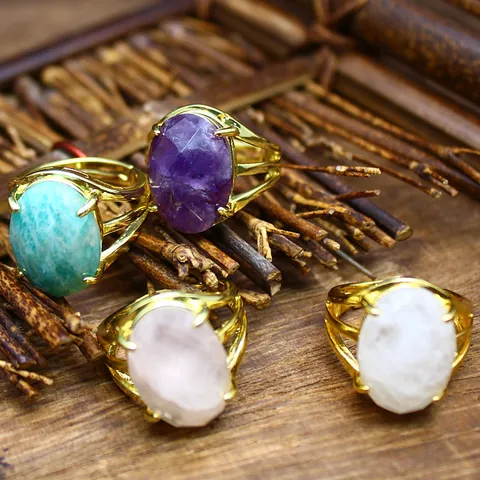 French Vintage Natural Stone Open Ring Oval Faceted Gemstone Adjustable Gold Plated Alloy Ring For Men Women Fashion Jewelry