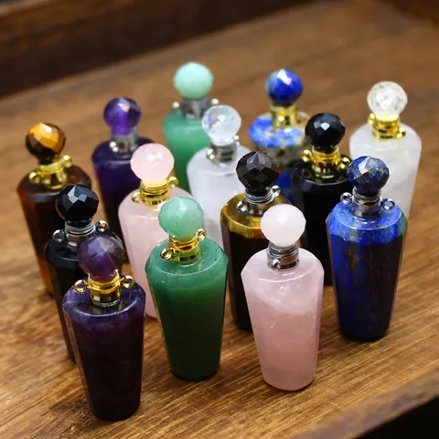 Natural Stone Perfume Bottle Pendant Necklace Crystal Amethyst Rose Quartz Essential Oil Diffuser Vial Jewelry For Women