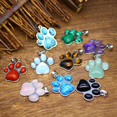 Lindo Collar con Colgante de Pata de Perro de Piedra Natural Huella de Pata de Cristal Borde Metálico Joyería Regalo Mujer