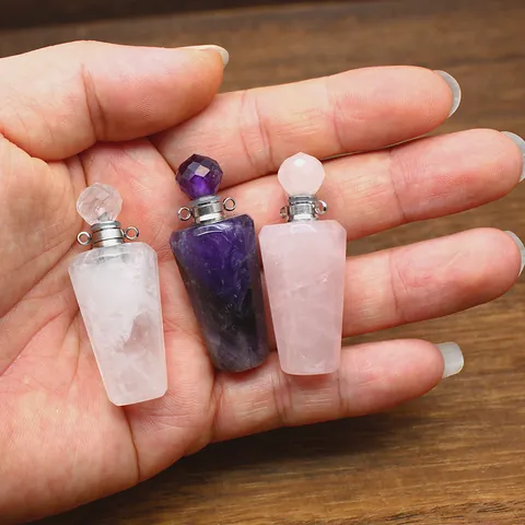 Natural Stone Perfume Bottle Pendant Necklace Crystal Amethyst Rose Quartz Essential Oil Diffuser Vial Jewelry For Women