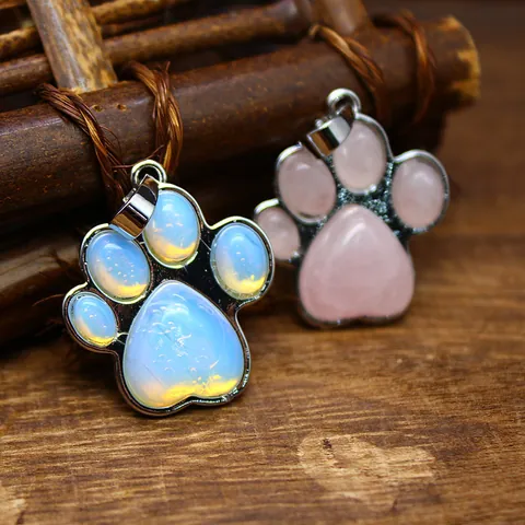 Lindo Collar con Colgante de Pata de Perro de Piedra Natural Huella de Pata de Cristal Borde Metálico Joyería Regalo Mujer