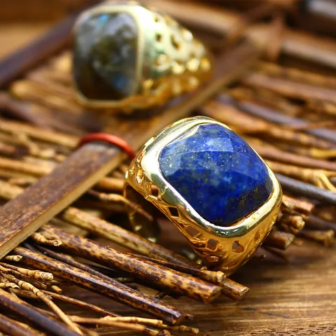 Anello Aperto Regolabile in Pietra Naturale Placcato Oro 24K Stile Francese Geometrico Incavo Ametista Lapislazzuli Gioielli
