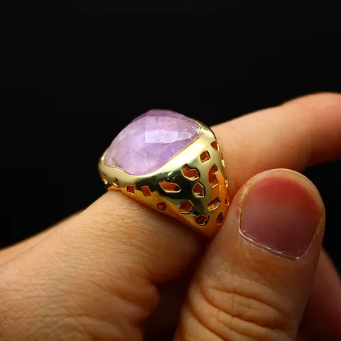 Anello Aperto Regolabile in Pietra Naturale Placcato Oro 24K Stile Francese Geometrico Incavo Ametista Lapislazzuli Gioielli