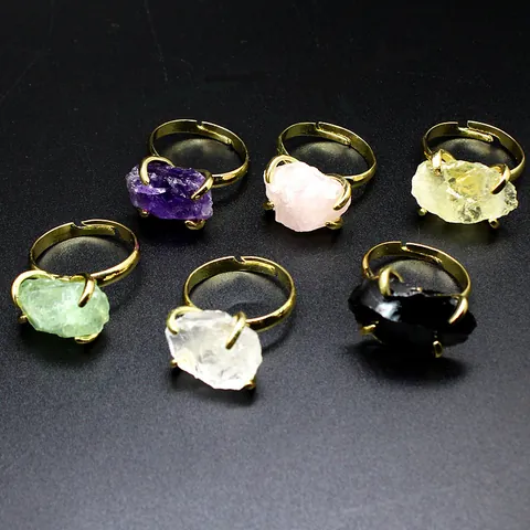 Natural Crystal Raw Stone Open Ring For Women Gold Plated Alloy Claw Setting Adjustable Amethyst Rose Quartz Fluorite Ring Finger Jewelry