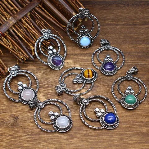 Vintage Natuursteen Ronde Hanger Antiek Zilver Boheems Hart Dubbele Ring Hanger Sieraden Voor Dames Heren