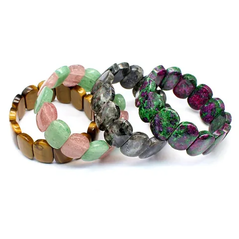 Natural Stone Oval Bar Bracelet Minimalist Polished Gemstone Elastic Hand Chain Unisex Strawberry Quartz Obsidian Jewelry