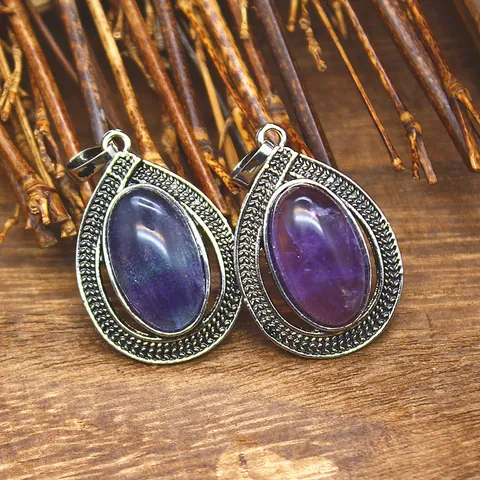 Vintage Crystal Teardrop Pendant Alloy Antique Silver Textured Oval Gemstone Pendant For Women DIY Jewelry Making Accessories