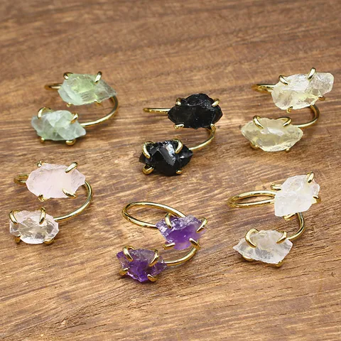 Natural Stone Raw Crystal Adjustable Ring Simple Iron Gold Plated Open Ring For Women Men Amethyst Rose Quartz Citrine Jewelry