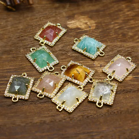 Rectangular Copper Micro Pave Rhinestone Strawberry Quartz Connector Pendant DIY Jewelry Finding For Bracelet Earring Making