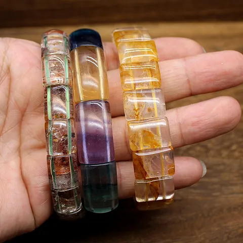 Natural Stone Crystal Bracelet Green Phantom Yellow Hematoid Rainbow Fluorite Geometric Hand Plate Jewelry For Men Women