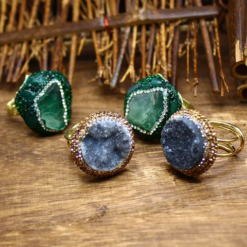 Vintage Boho Natural Stone Druzy Agate Adjustable Ring For Women Large Geode Crystal Rhinestone Gold Plated Open Finger Ring