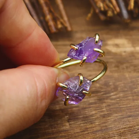 Natural Stone Raw Crystal Adjustable Ring Simple Iron Gold Plated Open Ring For Women Men Amethyst Rose Quartz Citrine Jewelry