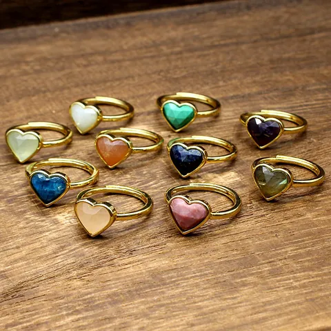Natural Stone Heart Faceted Ring Light Luxury Adjustable Open Finger Ring Gold Plated Jewelry Apatite Rose Quartz Women