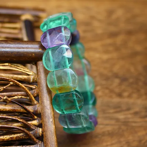 Natural Colorful Fluorite Bracelet Square Bead Retro Style Polished Mineral Stone Hand Jewelry For Women Men Bracelet