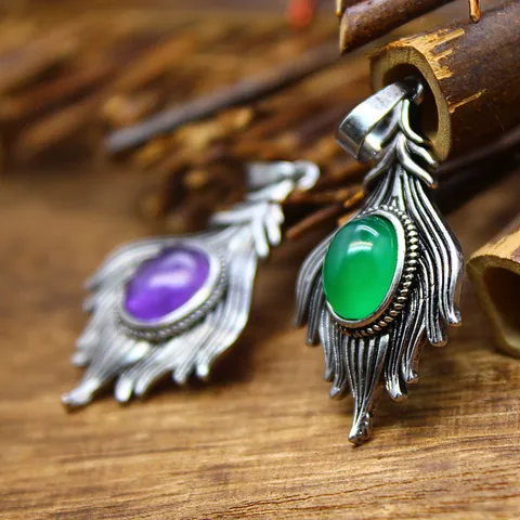 Vintage Copper Natural Stone Fox Tail Pendant Necklace Retro Ethnic Healing Crystal Amethyst Agate Feather Necklace Gift