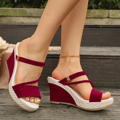 Women Fashion Wedge Sandals 2026 Summer New High Heels Slip-On Platform Slippers With Braided Texture Metal Buckle Large Size