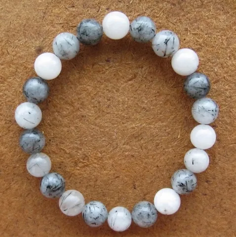 Natural Black Rutilated Quartz Beaded Bracelet For Men Women Simple Fashion 8mm Crystal Bracelet Retro Metal Accessory Jewelry