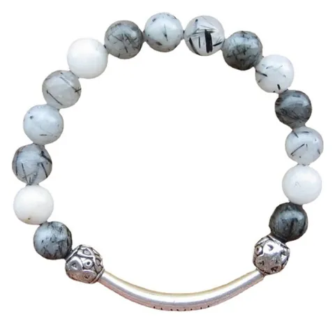 Natural Black Rutilated Quartz Beaded Bracelet For Men Women Simple Fashion 8mm Crystal Bracelet Retro Metal Accessory Jewelry
