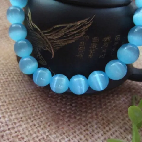 Blau Katzenaugenstein Rundperlen Armband Für Herren Damen Synthetischer Kunststoff Edelstein Elastisches Strang Armband Modeschmuck
