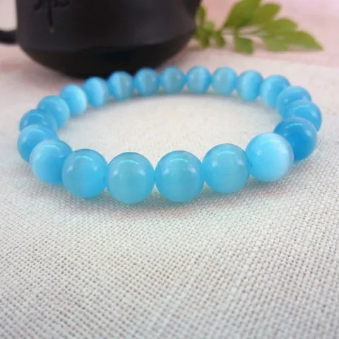 Blau Katzenaugenstein Rundperlen Armband Für Herren Damen Synthetischer Kunststoff Edelstein Elastisches Strang Armband Modeschmuck