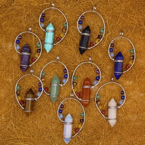 Healing Crystal Hexagonal Column Pendant For Women Men Handmade Wire Wrapped Seven Chakra Stone Beads Point Pendant Only Yoga Jewelry Gift