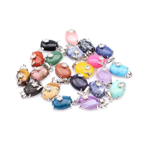 Natural Stone Crystal Pendant Oval Water Drop Agate Amethyst Rose Quartz Tiger Eye Pendants Alloy Inlaid Jewelry Making Supplies