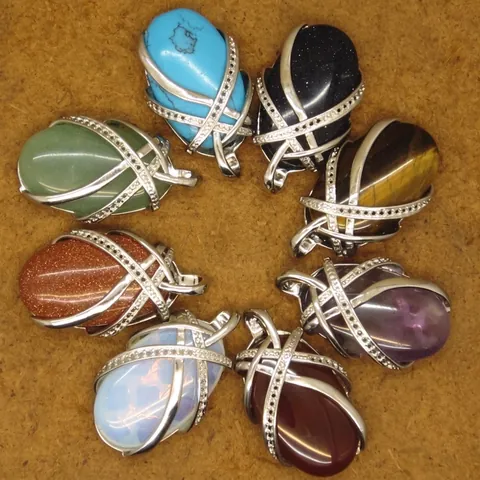 Natural Stone Crystal Pendant Oval Water Drop Agate Amethyst Rose Quartz Tiger Eye Pendants Alloy Inlaid Jewelry Making Supplies