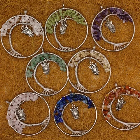 Handgemacht Lebensbaum Eule Anhänger Für Damen Naturkristall Splitter Kupfer Drahtumwickelt Stein Anhänger Boho Schmuck Geschenk