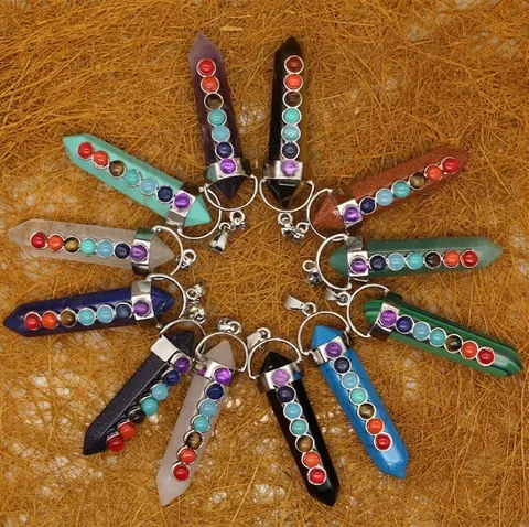 Ethnic Hexagonal Column Crystal Pendant Necklace Healing 7 Chakra Energy Stone Alloy Point Pendant For Men Women Jewelry