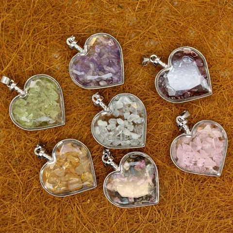 Pendentif Bouteille à Souhaits en Verre Forme de Coeur Pierre Naturelle Alliage Plaqué Argent Cristal de Guérison